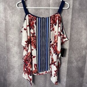 Heartsoul Women's Medium Cold Shoulder Floral Print Top Blouse Blue Red White